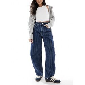 ASOS Barrel Leg Jeans Women 4 Blue Stripe High Rise Baggy Wide Denim Horseshoe